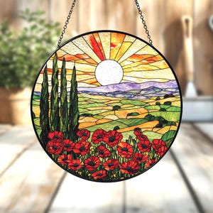 Poppy Field Flowers Glass Suncatcher, Poppy Flower Red Window Hanging, Sunset Floral Garden Decor, Poppy Flower Lover Gifts, Memory Day Gift