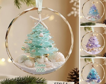 Spersonalizowana ozdoba choinkowa z morskiego szkła, Boże Narodzenie na plaży, prezent dla miłośnika oceanu, ozdoba nadmorska, choinka z muszlami, rozgwiazda