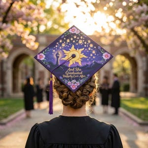 May include: A purple graduation cap with a painted design featuring a sun, floating lanterns, and floral accents. The cap reads "And She Graduated Happily Ever After." A purple tassel hangs from the cap.