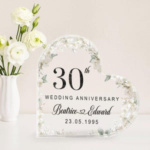Personalised 30th Wedding Anniversary Gift Pearl Anniversary Present Heart-Shaped Acrylic Plaque Custom Keepsake with Names Date Mum Dad