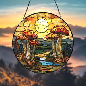 Acchiappasole a forma di fungo della foresta al tramonto, funghi per la decorazione della casa, acchiappasole a forma di fungo della foresta al tramonto, decorazione artistica da appendere alla finestra, decorazione per gli amanti dei funghi