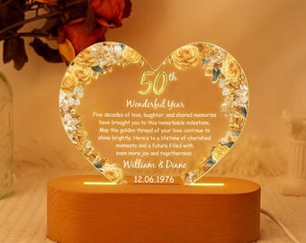 Custom 50th Anniversary Lamp Wooden Base, Golden Wedding Gifts, 50 Year Anniversary Gifts For Parents, 50th Wedding Anniversary Gifts