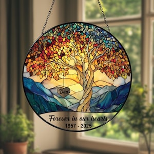 Personalized Memorial Suncatcher for Mom & Dad, Stained Glass Heart Tree, Loss of Parents Gift, Always in Our Hearts, Mom/Dad Loss Gift