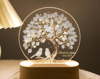 Custom Tree Of Love Couples Night Light, Couples Bird Name Led Light, Romantic Gift For Couples, Couples Anniversary Gift, Wedding Led Light