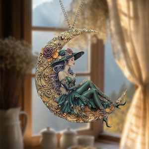 Witch and Moon Acrylic Window Hanging, Beautiful Witch Moon Suncatcher, Spooky Halloween Decor, Gothic Witch Halloween Decor, Moon Halloween