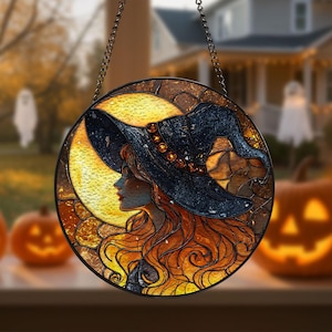 Enchanting Witch Acrylic Window Hanging, Witch Suncatcher With Full Moon Glow, Halloween Mystical Wall Art, Witchy Moon Halloween Decor