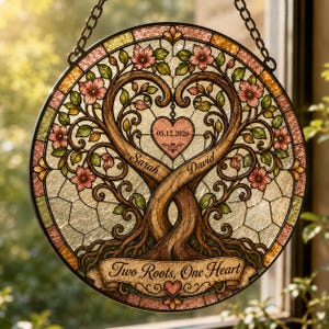 May include: A circular stained glass suncatcher featuring a tree with intertwined trunks forming a heart shape. The design includes pink flowers, green leaves, and a central heart with the date 05.12.2026, names Sarah and David, and the text Two Roots, One Heart.