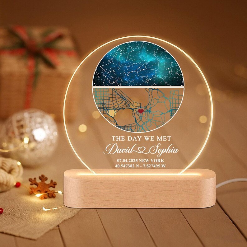Personalized Star Map LED Light: First Date Keepsake, Beech Wood Base ...
