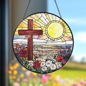 Cross Sunset and Wild Flower Glass Suncatcher, Cross Sunset Window Glass, Christian Cross Windows Hanging, Flower Cross Gift For Religious