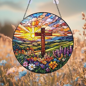 Stained Glass Wildflower Cross Suncatcher | Christian Window Hanging | Perfect Religious Gift for Mom & Loved Ones | Unique Home Decor