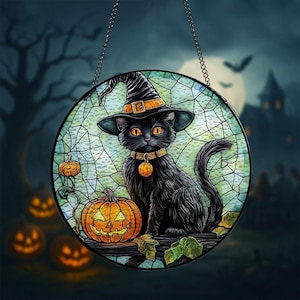 Black Cat And Pumpkin Halloween Suncatcher, Black Cat Witch Decor, Halloween Pumpkin Suncatcher, Witch Cat Halloween Decorations, Cat Witch