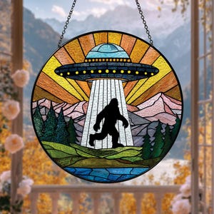 UFO Bigfoot Stained Glass Suncatcher, Bigfoot UFO Windows Hanging, Bigfoot In The Forest Light Catcher, Bigfoot Alien Suncatcher Decor