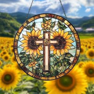 Stained Glass Wildflower Cross Suncatcher | Christian Window Hanging | Perfect Religious Gift for Mom & Loved Ones | Unique Home Decor