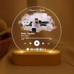 Personalized Photo Couple Song Night Light, Album Cover Night Lamp, LED Bedside Lamp, Couple Music Lover Gift, Anniversary Wedding Decor