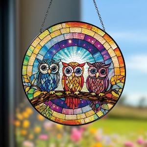 Rainbow Owl Family Suncatcher, Owl Stained Glass Window Hanging, Whimsical Colorful Bird Decor, Owl Family Decor, Gift For Mom/ Dad