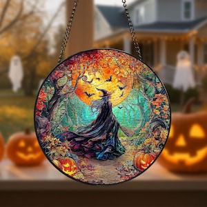 Halloween-Hexe mit Mond-Suncatcher, Fensterdekoration, gruseliges Halloween-Dekor für Fenster, Glasmalerei-Halloween-Dekor