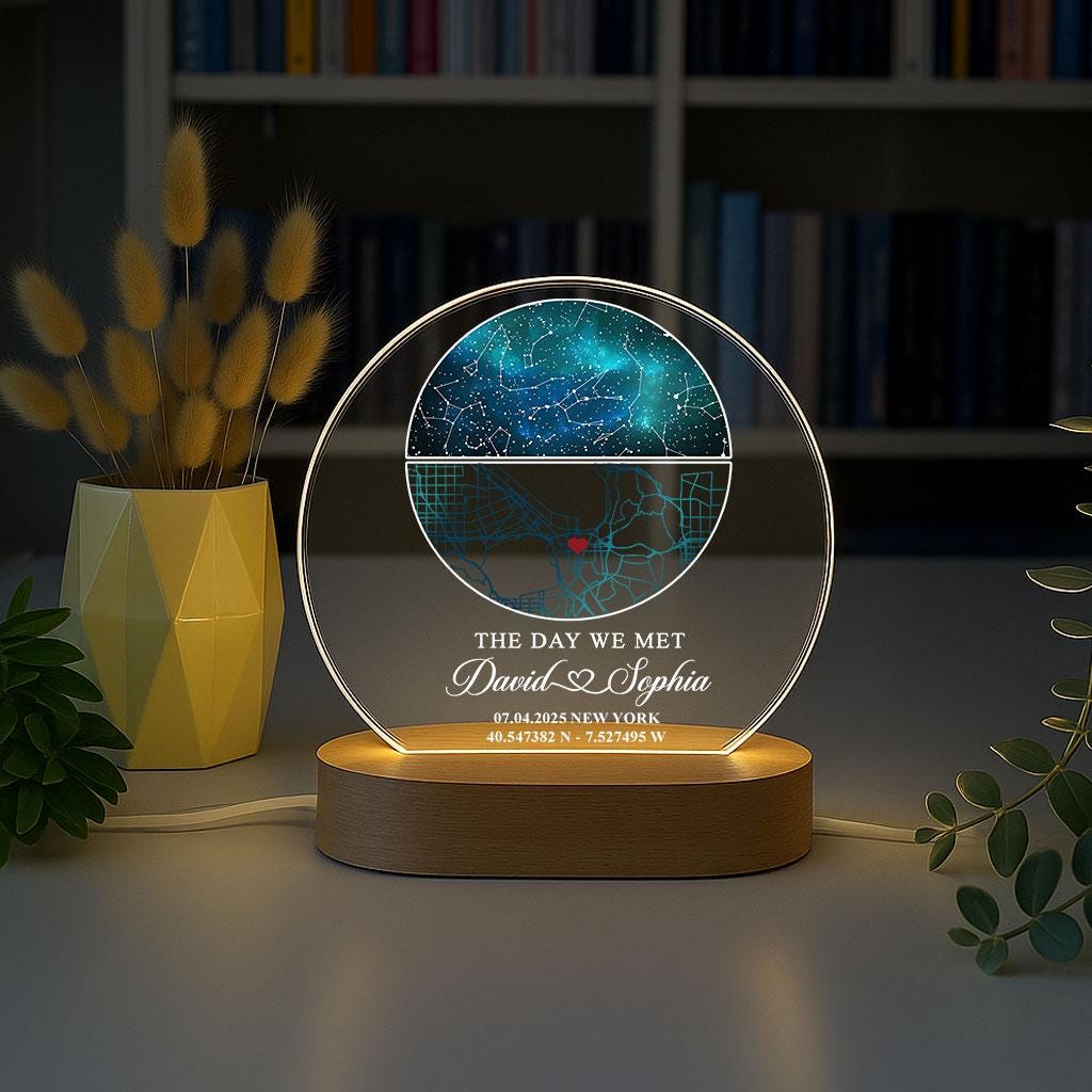 Personalized Star Map LED Light: First Date Keepsake, Beech Wood Base ...