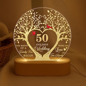 Custom 50th Anniversary Lamp Wooden Base, Golden Wedding Gifts, 50 Year Anniversary Gifts For Parents, 50th Wedding Anniversary Gifts