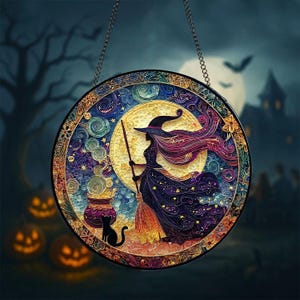 Halloween-Hexe mit Mond-Suncatcher, Fensterdekoration, gruseliges Halloween-Dekor für Fenster, Glasmalerei-Halloween-Dekor