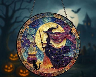 Glasmalerei Hexe Suncatcher: Halloween Mond Fensterschmuck
