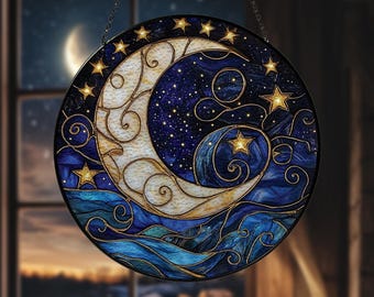 Moon and Star Stained Glass Suncatcher, Celestial Night Sky Ornament, Suncatcher Glass Gift for Friend, Spiritual Home Decor for Windows