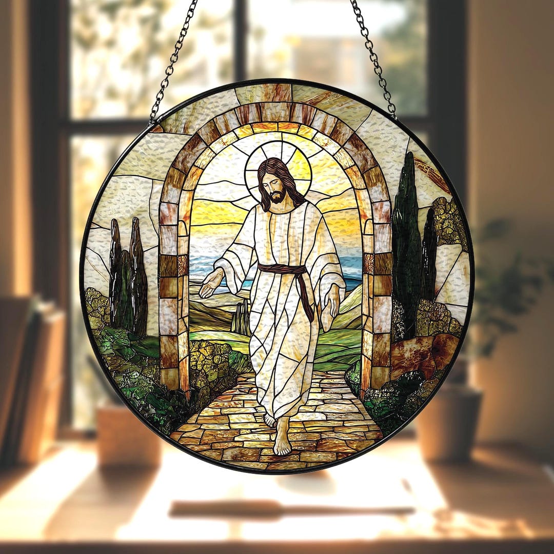 Glass Sun Scripture He is Risen Jesus Glass Suncatcher, Religious Window Hanging, Christian ...