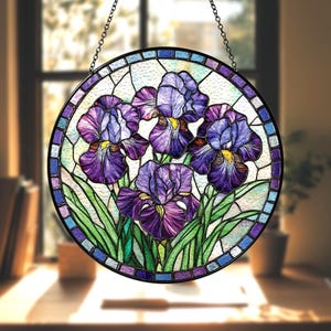 Purple Irises Stained Glass Suncatcher, Iris February Birth Month Flower Window Hanging, Purple Bloom Glass Art, Iris Suncatcher Yard Decor