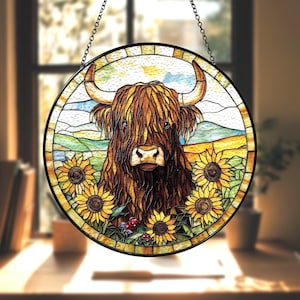 Highland Cow Stained Glass Suncatcher, Sunflower Highland Cow Window Panel, Farmhouse Decor, Country Home Lovers, Housewarming Gift Idea