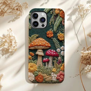 Embroidered Mushroom Phone Case, Cottagecore Floral iPhone Samsung Cover, Nature Forest Aesthetic Gift, Mushroom Floral Phone Case