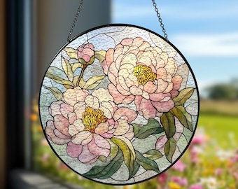 Peony Stained Glass Suncatcher, Peony Suncatcher, Peony Window Hanging, Peony Lover Gift, Peony Ornament, Mothers Day Gift for Mom, Grandma