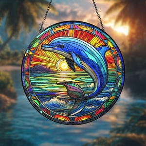 Stained Glass Dolphin Suncatcher – Ocean-Inspired Window Decor, Gift for Dolphin and Marine Life Lovers, Catcher for Nautical Spaces.