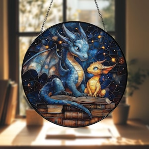 Stained Glass Book Dragon Suncatcher, Fantasy Dragon Window Hanging, Dragon Wall Window Hanging Art Decoration, Bookish Decor, Galaxy Book