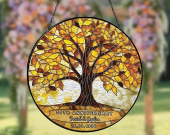 Personalized 50th Anniversary Stained Glass Tree of Life, Golden Anniversary Gift