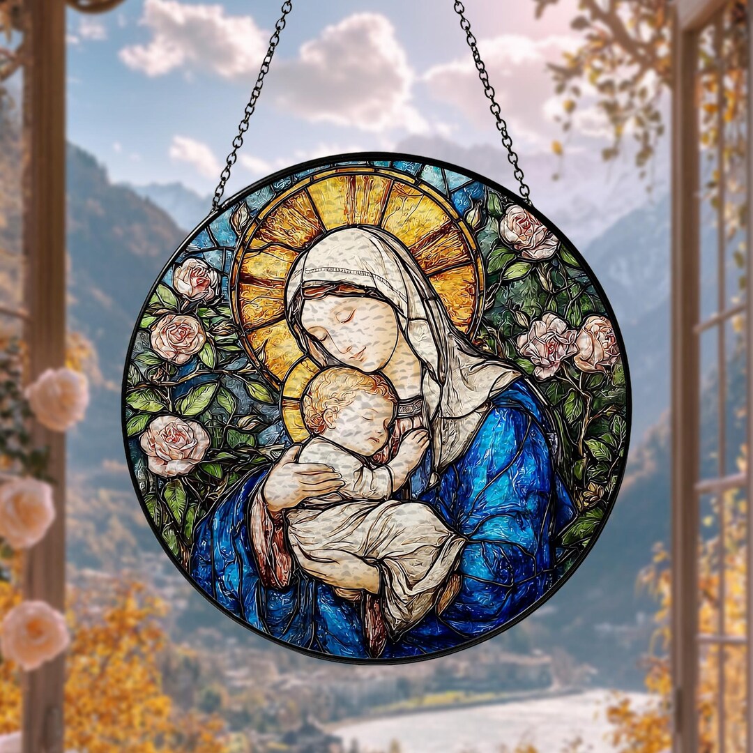 Virgin Mary Stained Glass Suncatcher, Christian Wall Art, Baby Jesus ...