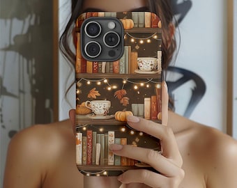 Cozy Fall Bookish Phone Case: Autumn Bookshelf, Pumpkin Mug Design