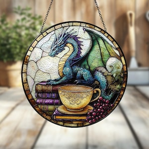 Fantasy Dragon Stained Glass Suncatcher, Mystical Window Hanging, Book Lover Tea and Coffee Decor, Gift for Readers and Dreamers, Book Glass