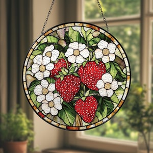 Strawberry Stained Glass Suncatcher, Strawberry Floral Window Hanging, Gift For Garden Lover, Strawberry Suncatcher, Kitchen Window Decor