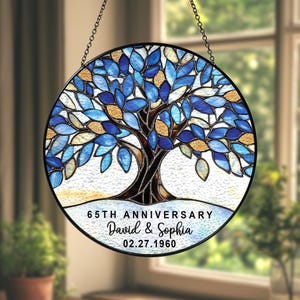 Personalized 65th Wedding Anniversary Window Faux Stained Glass Suncatcher, Wedding Anniversary Keepsake, Sapphire Wedding Anniversary Gift