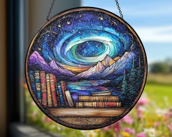 Night Court Stained Glass Suncatcher, Galaxy Book Reader, Night Court Window Hanging, Night Court Mini Bookshelf, Book Lover Home Decor