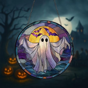 Halloween geest gebrandschilderd glas suncatcher, grappig spookraam hangend decor, spook en maan spookachtig seizoen suncatcher, geestenliefhebber geschenken