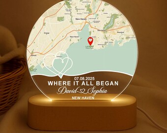 Custom Where It All Began Led Night Light, Custom First Date Night Light, Custom Map Plaque For Couple, Anniversary Gifts, Couple Gift