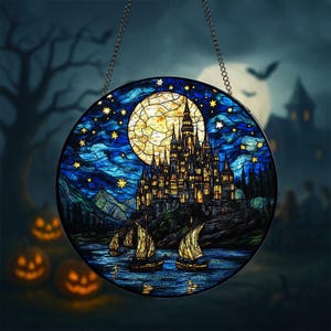 Wizard School Stained Glass Suncatcher, Enchanted Castle Stained Glass Suncatcher, Christmas Window Decor for Book Lovers And Fantasy Fans