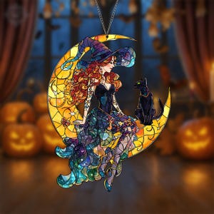 Witch And Back Cat On Moon Acrylic Window Hanging, Halloween Witch Suncatcher, Halloween Home Decor, Black Cat Halloween Gift, Witch Moon