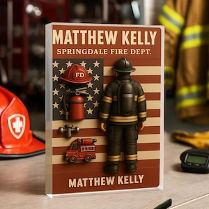 Personalized Firefighter Acrylic Block Gift, Firefighter Figure Style Plaque for Dad Husband or Hero, Perfect Fireman Gift for Any Occasion