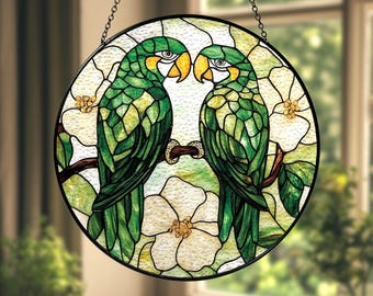 Parrot Couple Suncatcher, Bird Lover Gift, Green Parrot Stained Glass Suncatcher, Tropical Parrot Window Hanging Decor, Nature Suncatcher