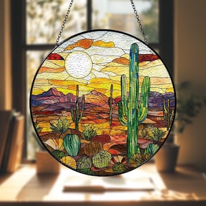 Cactus Landscape Stained Glass Suncatcher, Sunset Suncatcher, Western Home Decor, Window Hanging Decor, Nature Lover Gift, Cactus Home Decor