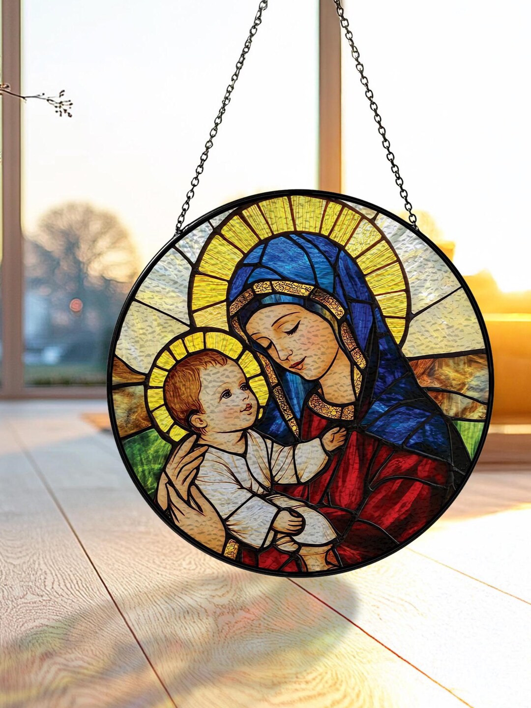 Virgin Mary and Baby Stained Glass Suncatcher, Christian Window Hanging ...