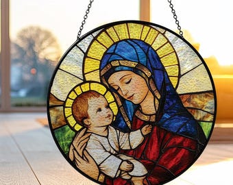 Attrape-soleil en vitrail Vierge Marie et bébé, tenture de fenêtre chrétienne, cadeau chrétien, décoration de cadeau religieux, Notre-Dame de Guadalupe