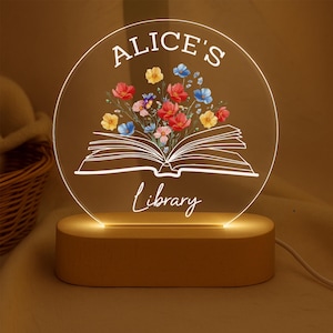 Custom Name&#39;s Library Night Light, Gift for Floral Bookworm, Book Lover Gift Custom Librarian, Gift Book Club Decor, Flower Bookish Decor
