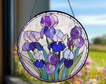 Purple Irises Stained Glass Suncatcher, Iris February Birth Month Flower Window Hanging, Flower Lovers Gift, Iris Suncatcher Yard Decor